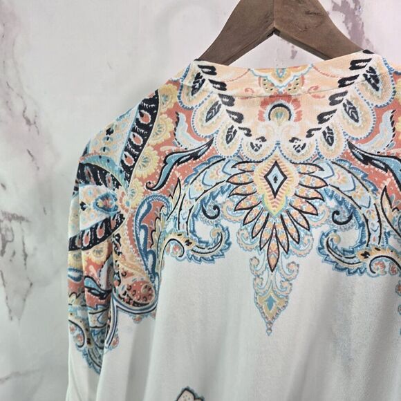 Chicos Cardigan Womens 3 XL White Blue Sweater Lightweight Ruched Sleeve Artsy - Picture 7 of 12